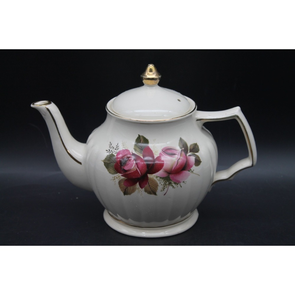Vintage Sadler England Rose Floral Teapot White Gold Trim Pink Red Roses 3567